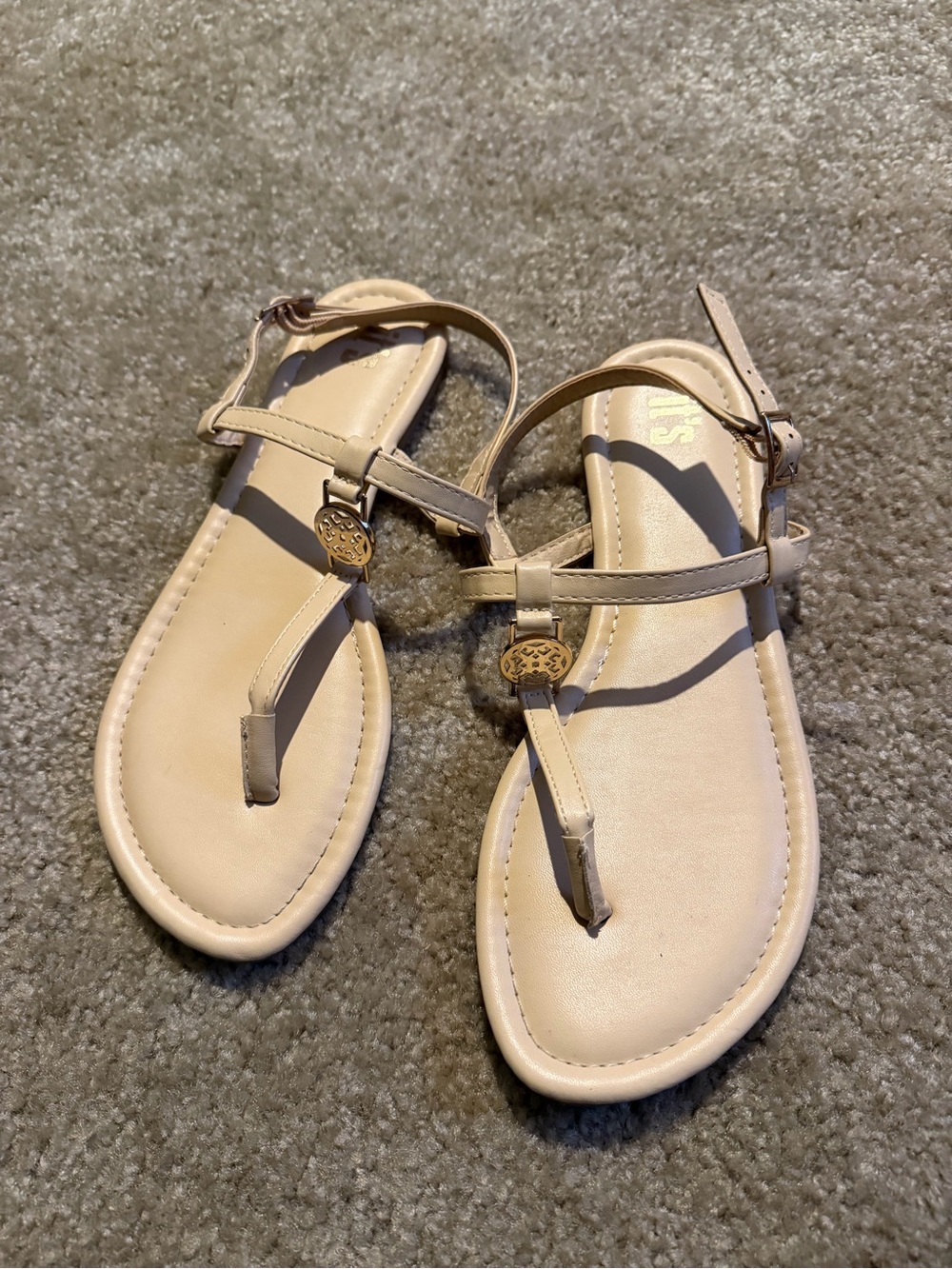 Women's Beige T-Strap Sandals - Neutral Summer Flats